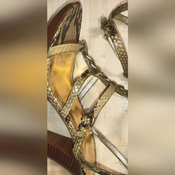 COACH | Green-ish Snake Skin Gold Ankle Strap Heels - Picture 8 of 16